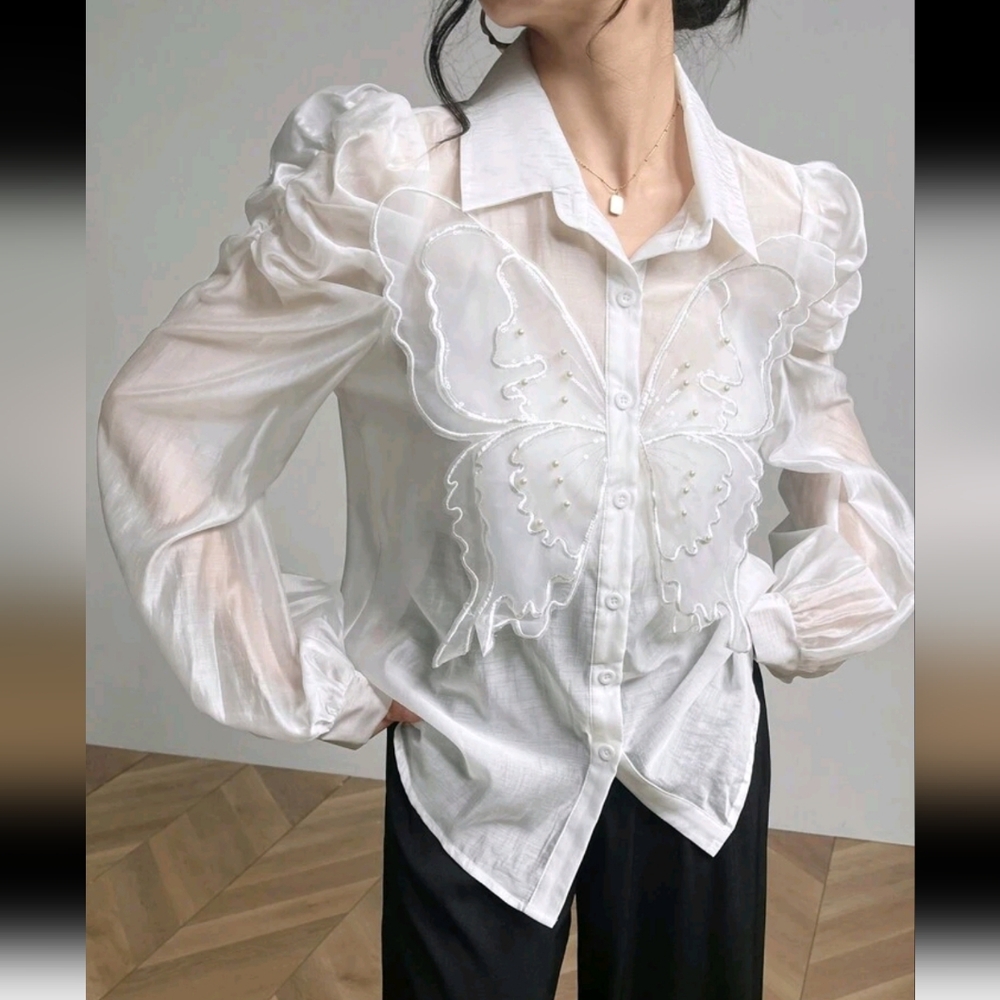 Elegant 3D Butterfly Decorated Puff Sleeve Blouse For Spring And Summer - Picture 2 of 6